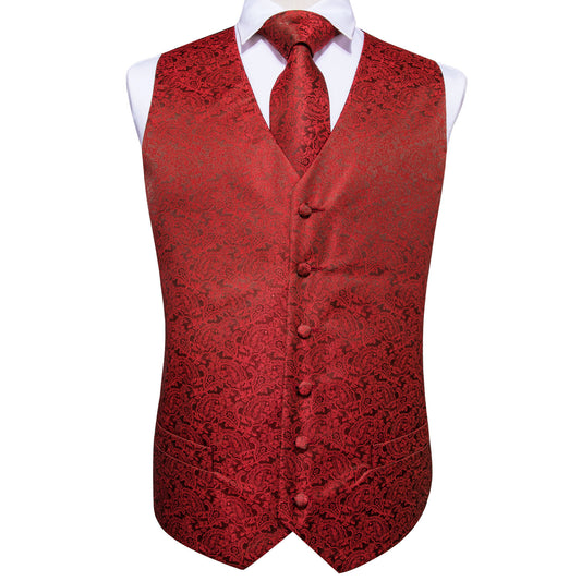 Barry. Wang Red Paisley Mens Vest Hanky Cufflinks Tie Set Waistcoat Suit Set
