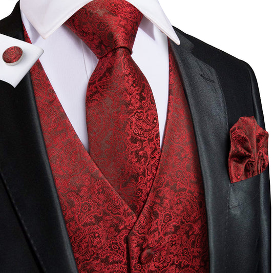 Barry. Wang Red Paisley Mens Vest Hanky Cufflinks Tie Set Waistcoat Suit Set
