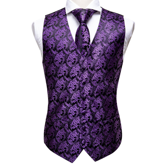 Barry. Wang Purple Floral Silk Mens Vest Hanky Cufflinks Tie Set Waistcoat Suit Set