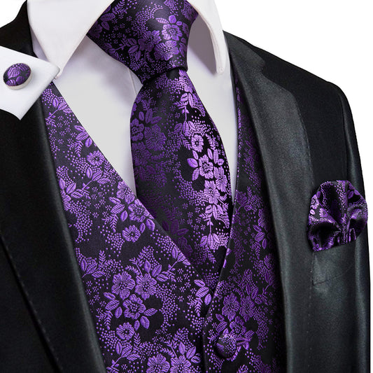 Barry. Wang Purple Floral Silk Mens Vest Hanky Cufflinks Tie Set Waistcoat Suit Set