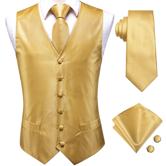 Barry. Wang Gold Plaid Silk Mens Vest Hanky Cufflinks Tie Set Waistcoat Suit Set