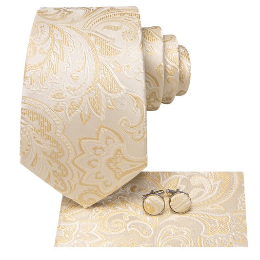 Barry. Wang Beige Paisley Mens Tie Pocket Square Cufflinks Set