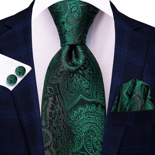 Barry. Wang Hunter Green Paisley Mens Tie Pocket Square Cufflinks Set
