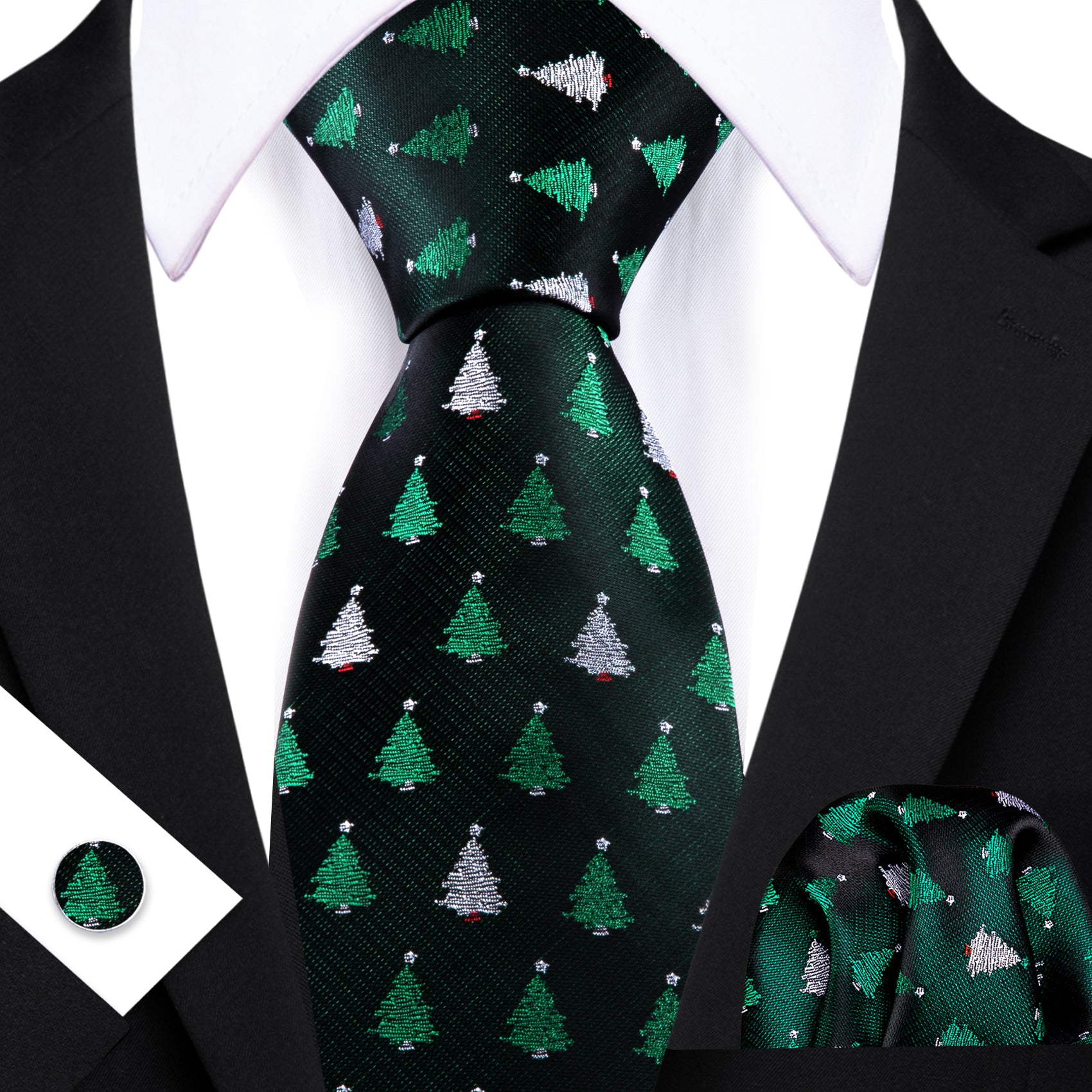 Barry. Wang Holiday Black Necktie Mens Xmas Tree Novelty Tie Handkerchief Cufflinks Set