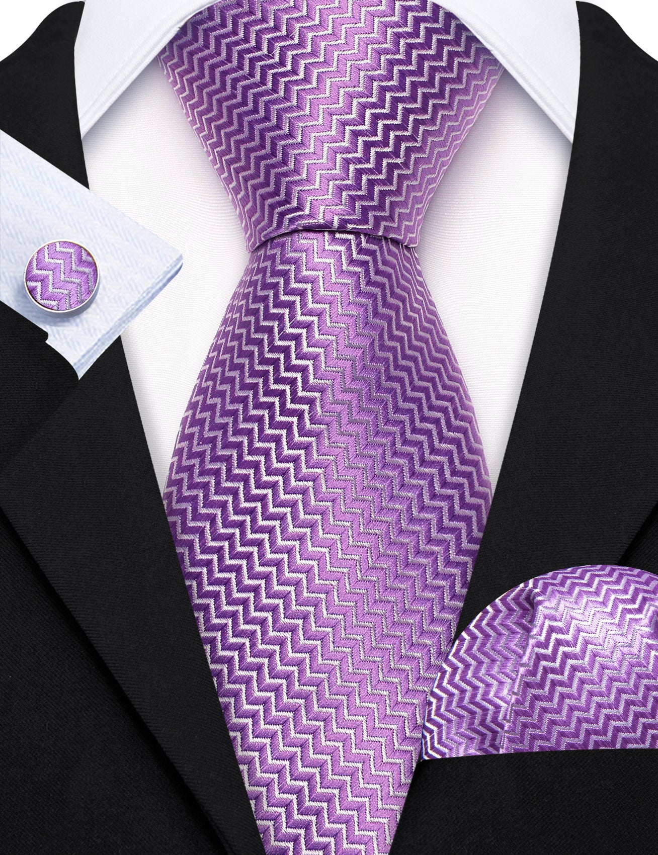 Men's Purple Ripple Silk 63 Inches Extra Long Tie Hanky Cufflinks Set