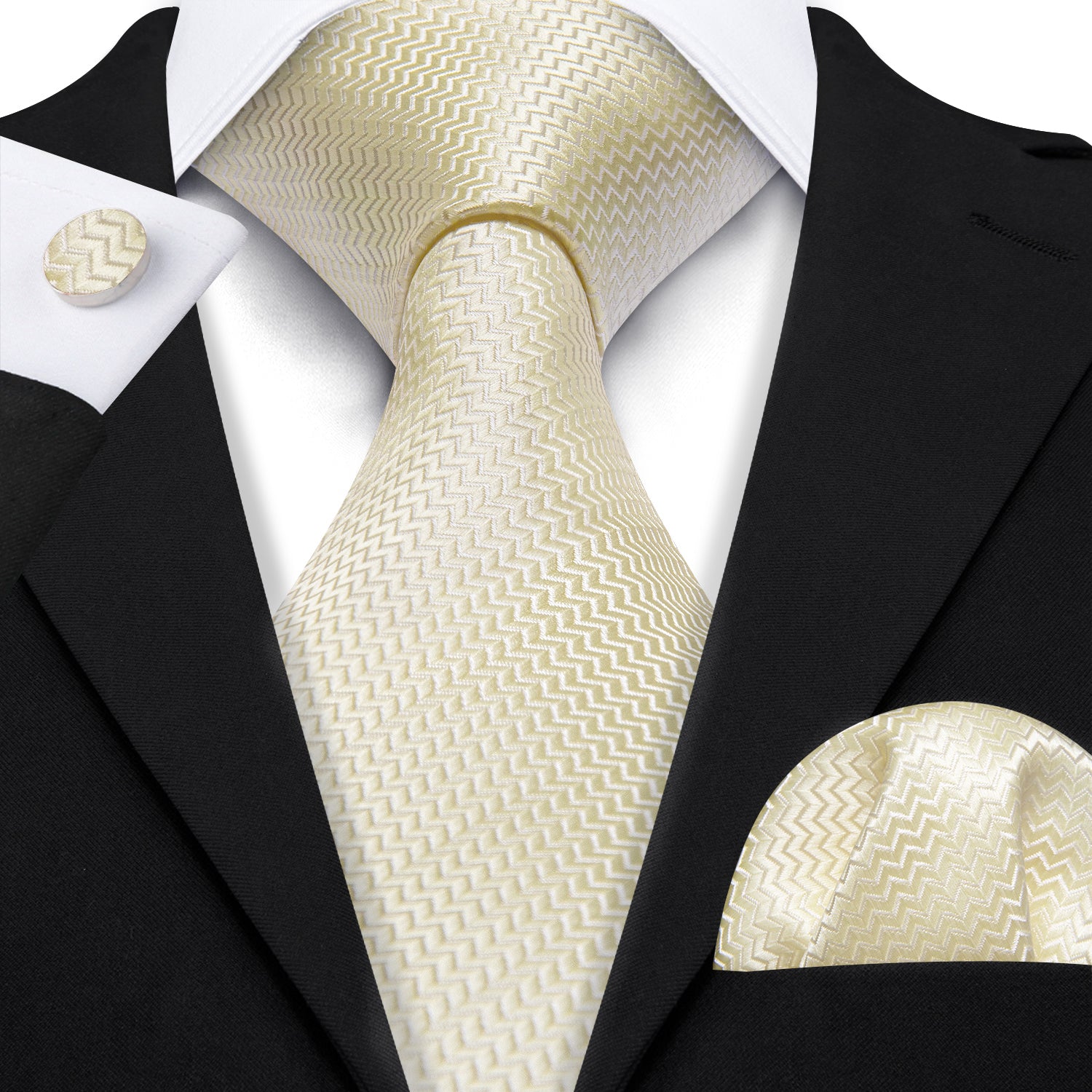 Men's Beige Silk 63 Inches Extra Long Tie Hanky Cufflinks Set