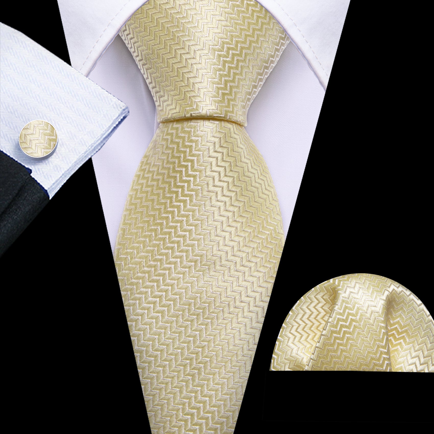 Light Yellow Ripple Silk 63 Inches Extra Long Tie Hanky Cufflinks Set