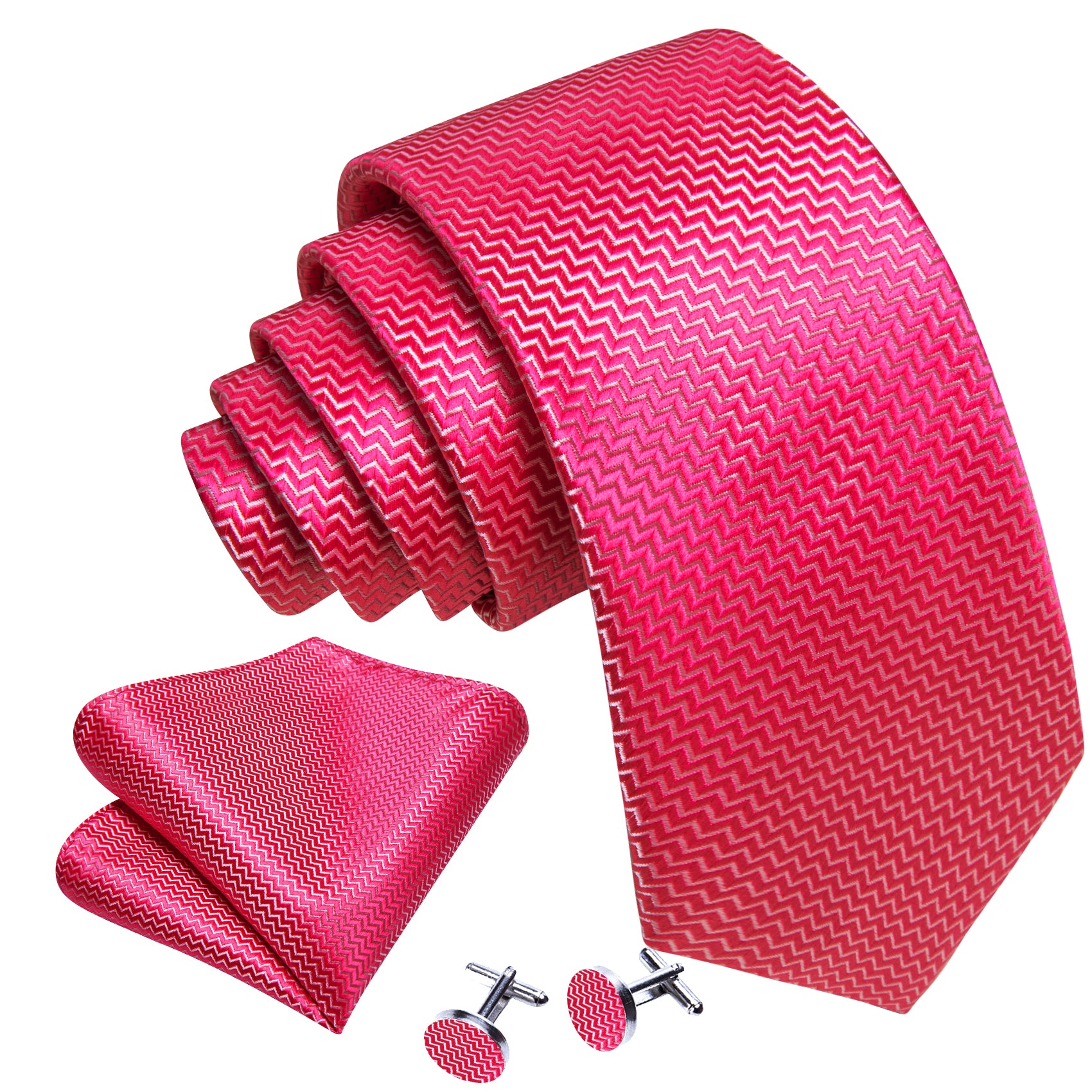 Rose Red Ripple Silk 63 Inches Extra Long Tie Hanky Cufflinks Set