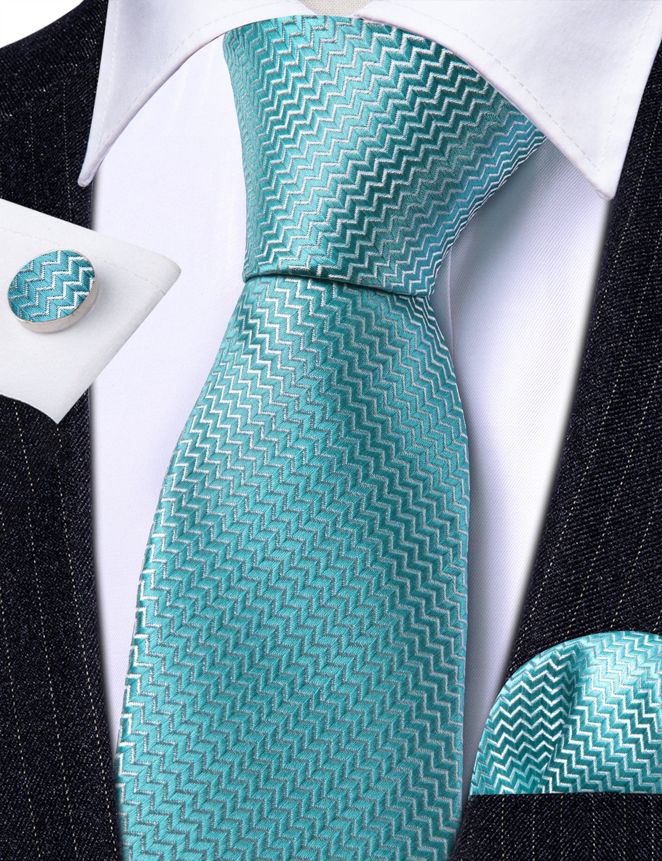 Pale Blue Ripple Silk 63 Inches Extra Long Tie Hanky Cufflinks Set