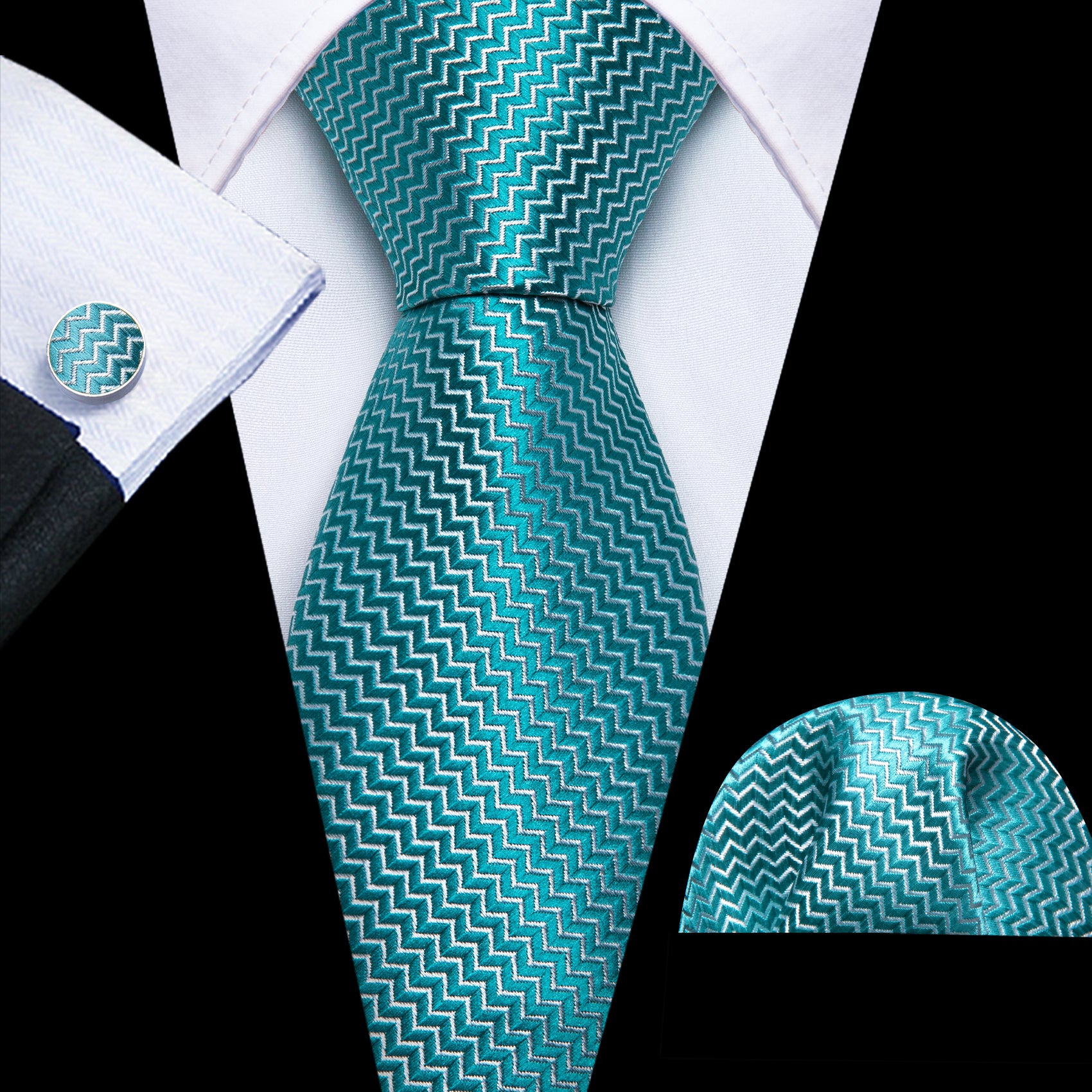 Pale Blue Ripple Silk 63 Inches Extra Long Tie Hanky Cufflinks Set