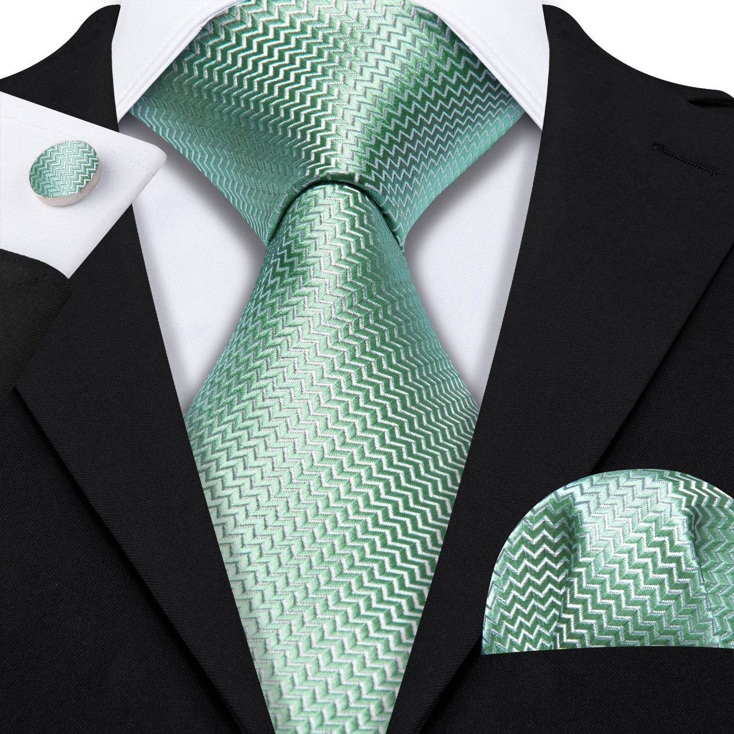 Turquoise Green Ripple Silk 63 Inches Extra Long Tie Hanky Cufflinks Set