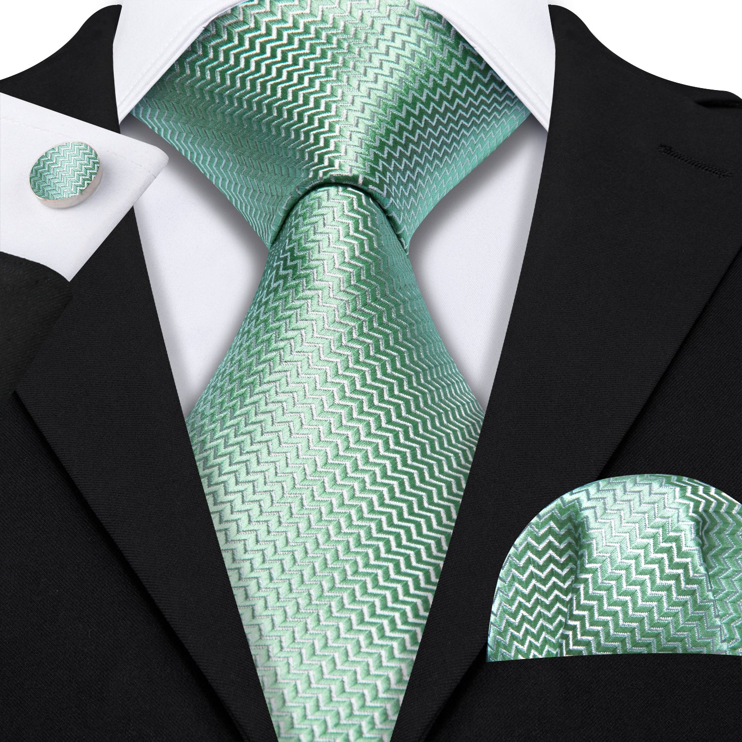 SeaFoam Green Tie Ripple Silk 63 Inches Extra Long Tie Hanky Cufflinks Set