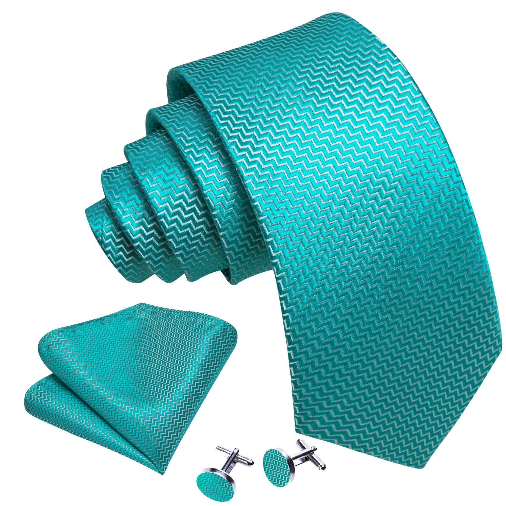 Sea Foam Ripple Silk 63 Inches Extra Long Tie Hanky Cufflinks Set
