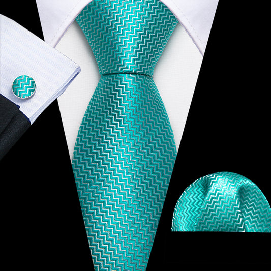  Sea Foam Ripple Silk Men Extra Long Tie Hanky Cufflinks Set