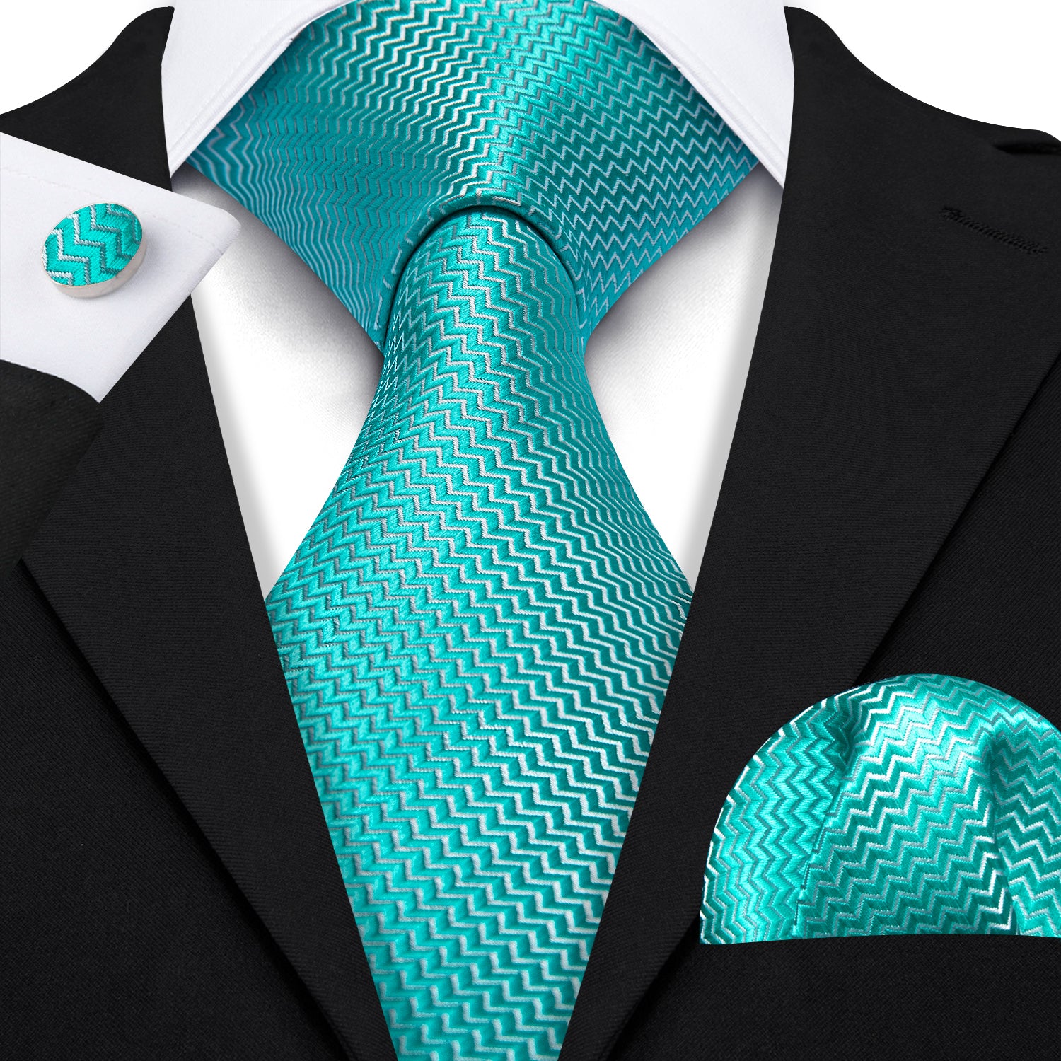 Sea Foam Ripple Silk Men Extra Long Tie Hanky Cufflinks Set