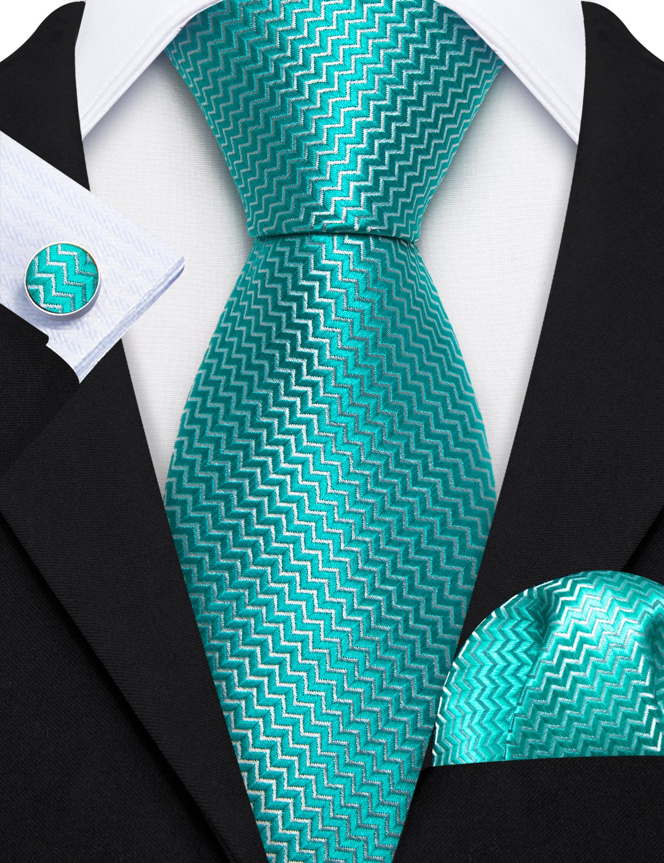  Sea Foam Ripple Silk Men Extra Long Tie Hanky Cufflinks Set