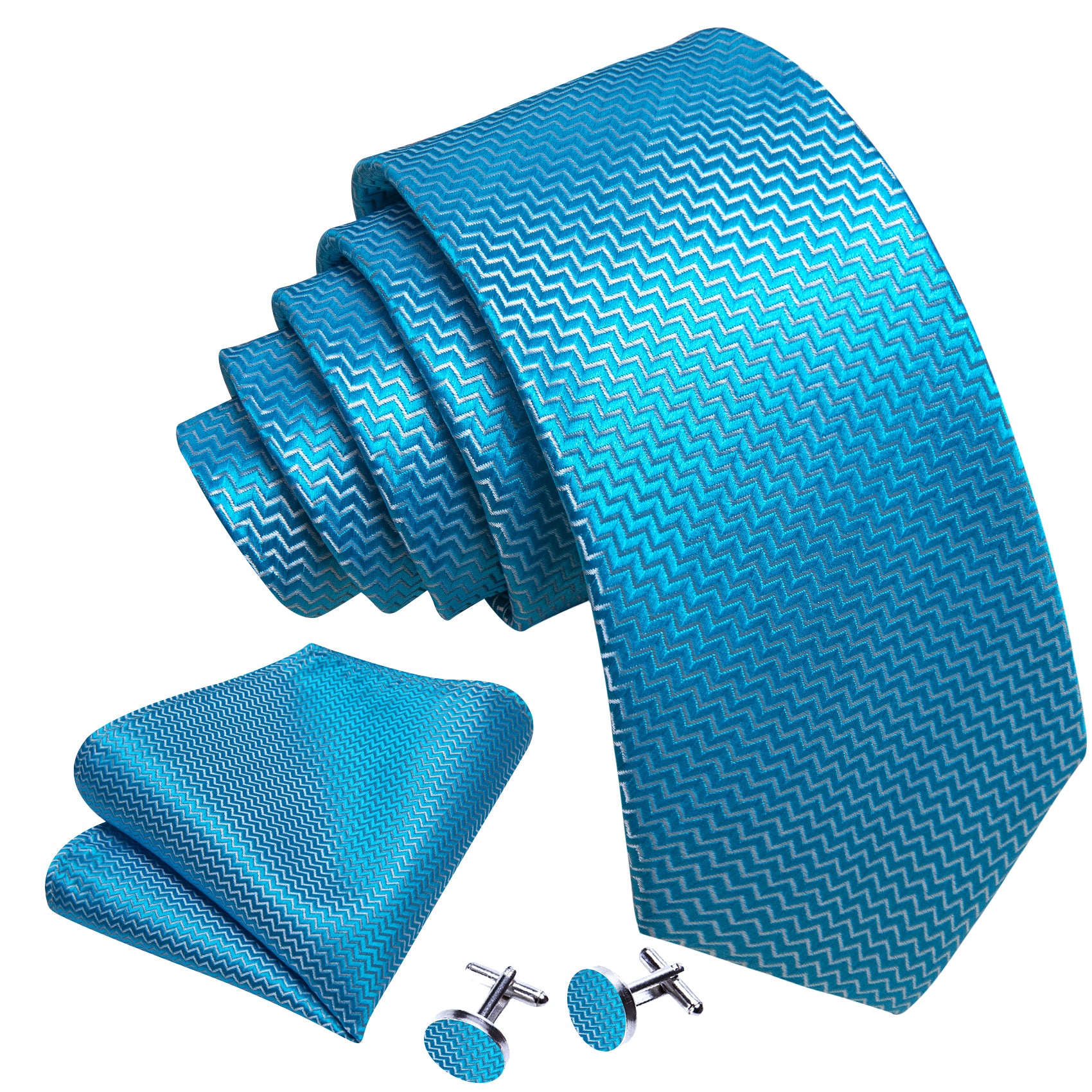 Sky Blue Ripple Silk 63 Inches Extra Long Tie Hanky Cufflinks Set