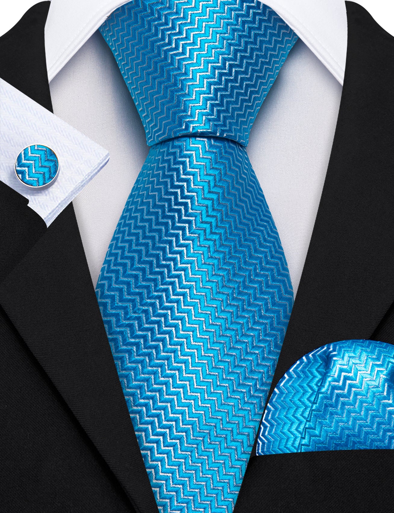 Sky Blue Ripple Silk 63 Inches Extra Long Tie Hanky Cufflinks Set
