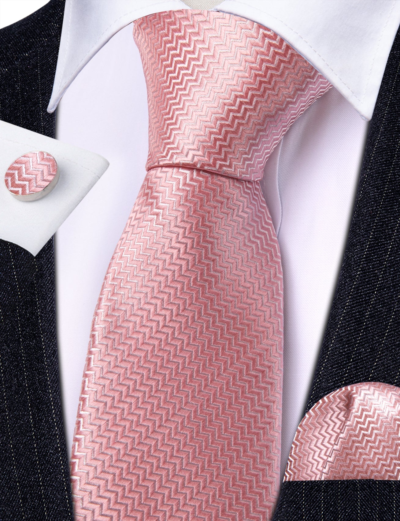 Pink Ripple Silk 63 Inch Extra Long Tie Hanky Cufflinks Set
