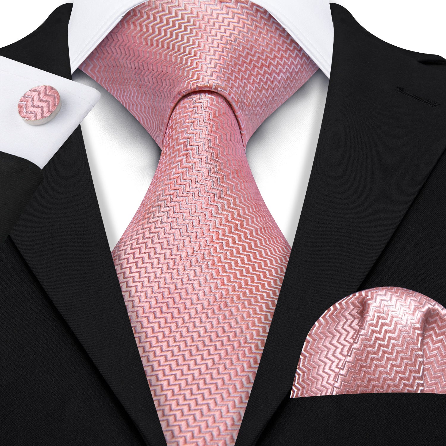Pink Ripple Silk 63 Inch Extra Long Tie Hanky Cufflinks Set