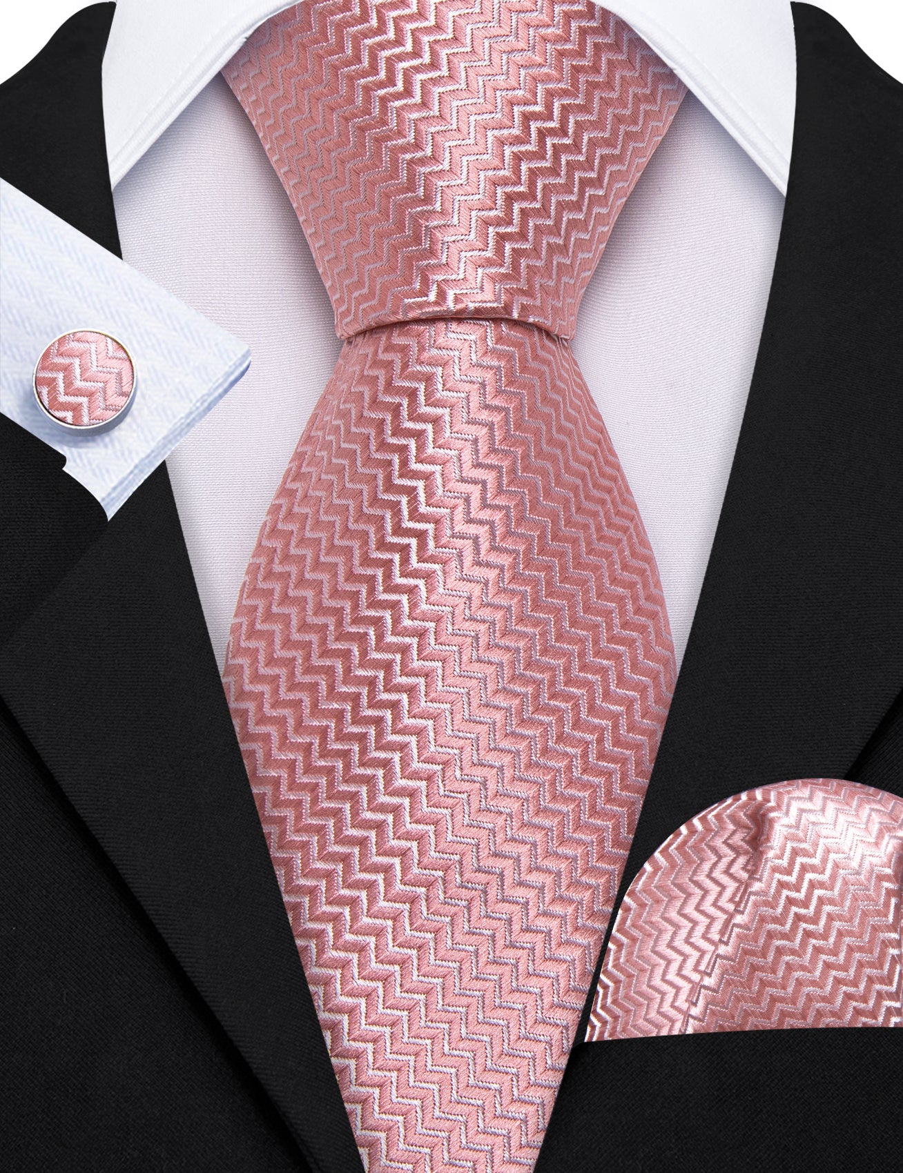 Pink Ripple Silk 63 Inches Extra Long Tie Hanky Cufflinks Set