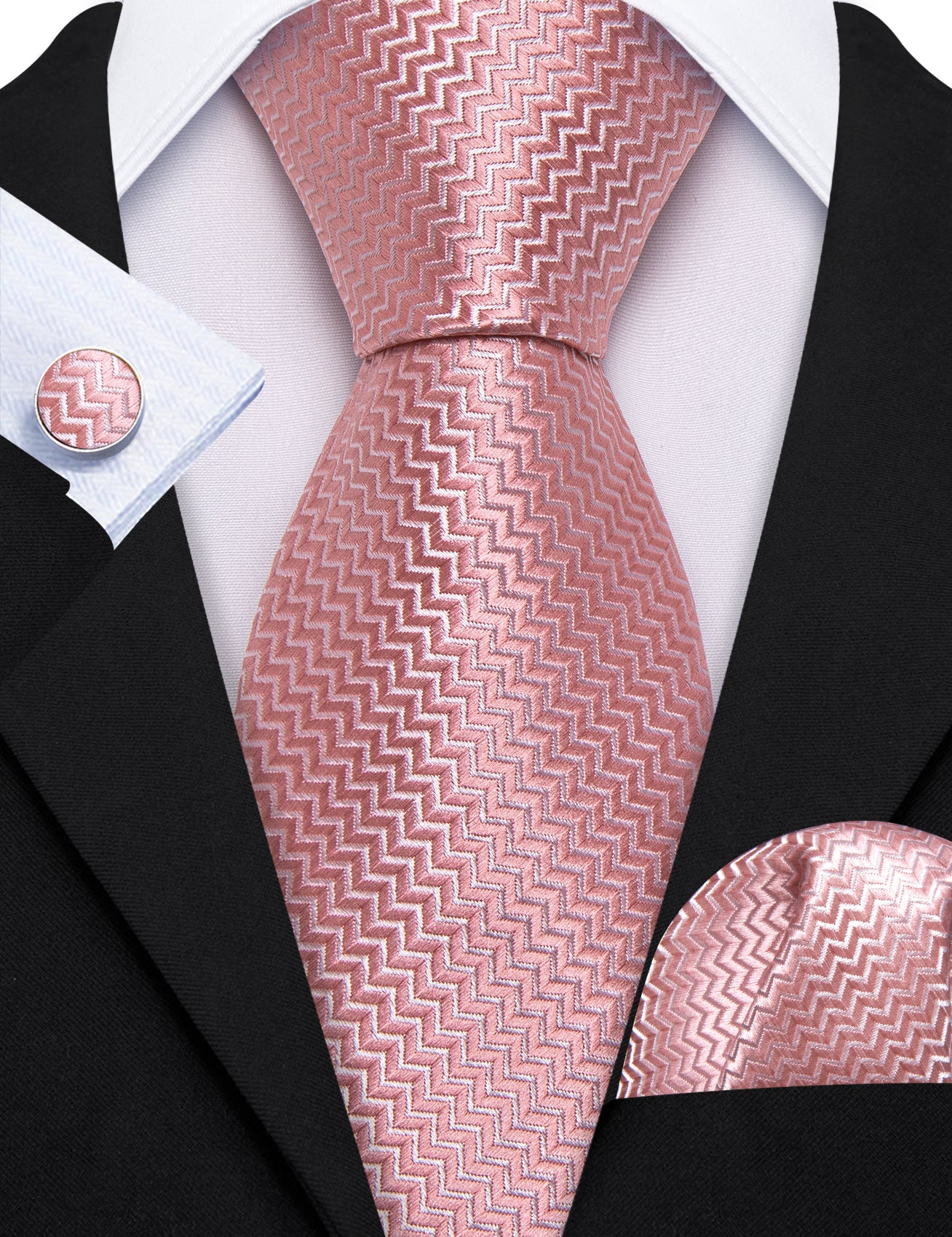 Pink Ripple Silk 63 Inch Extra Long Tie Hanky Cufflinks Set