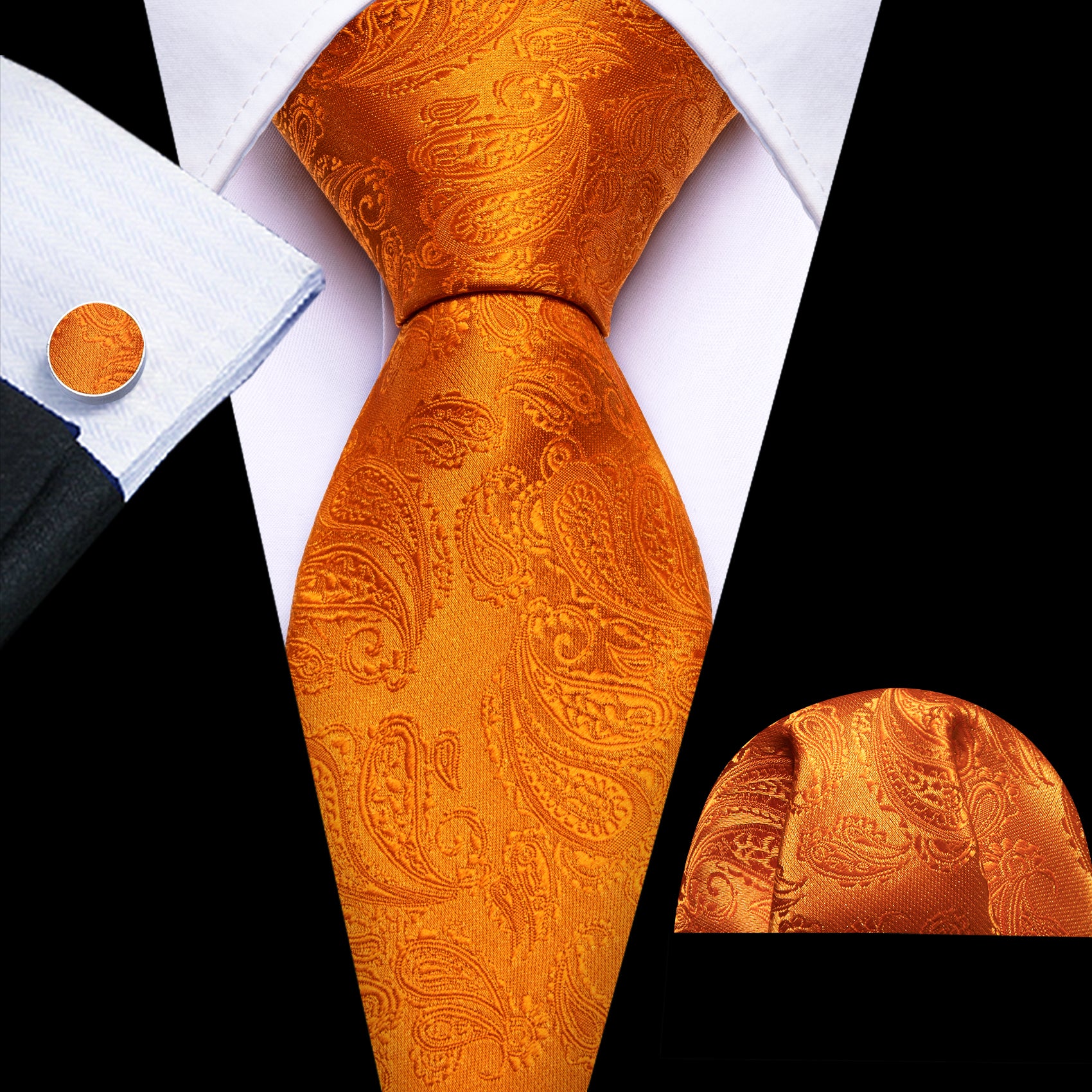 Orange Paisley Silk 63 Inches Extra Long Tie Hanky Cufflinks Set