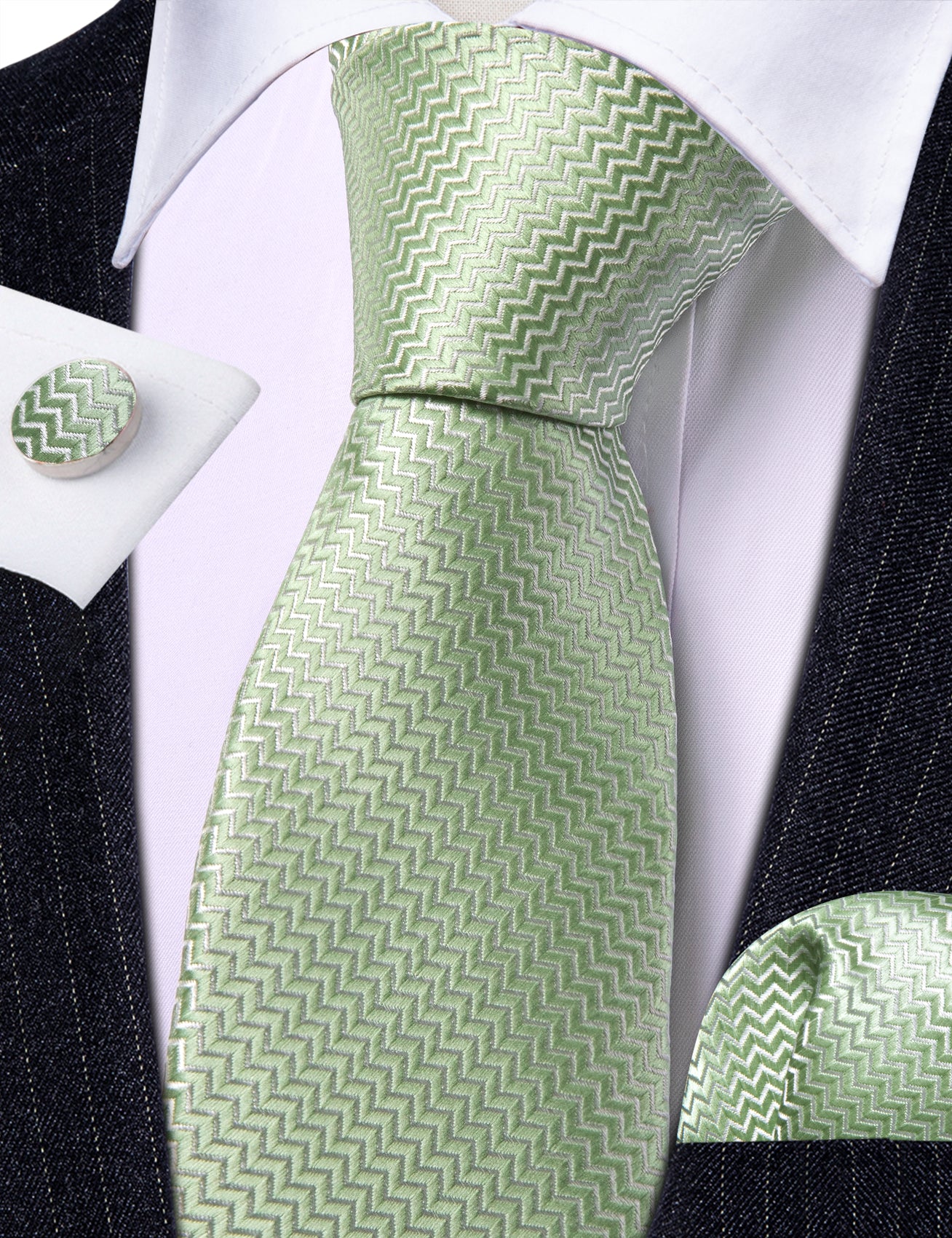 Green Ripple Silk 63 Inches Extra Long Tie Hanky Cufflinks Set