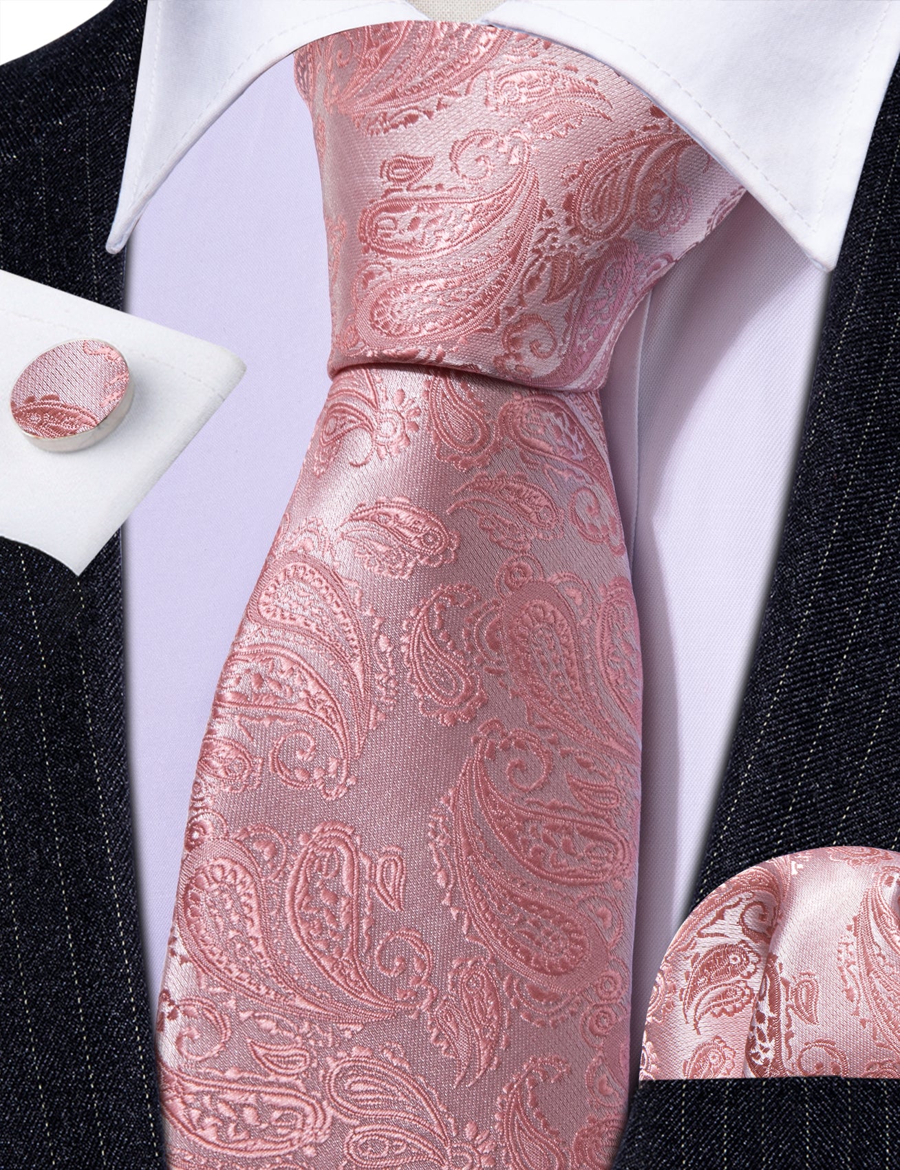 Pink Paisley 63 Inches Extra Long Tie Hanky Cufflinks Set