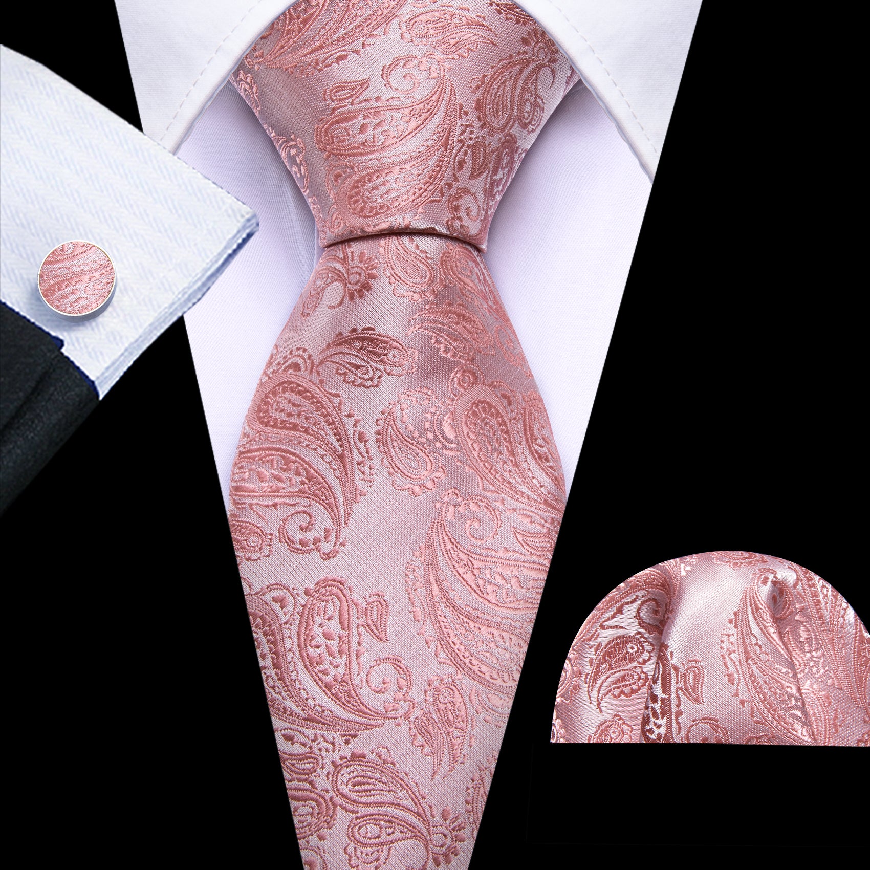 Pink Paisley Silk 63 Inches Extra Long Tie Hanky Cufflinks Set