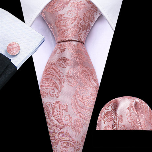 Pink Paisley 63 Inches Extra Long Tie Hanky Cufflinks Set
