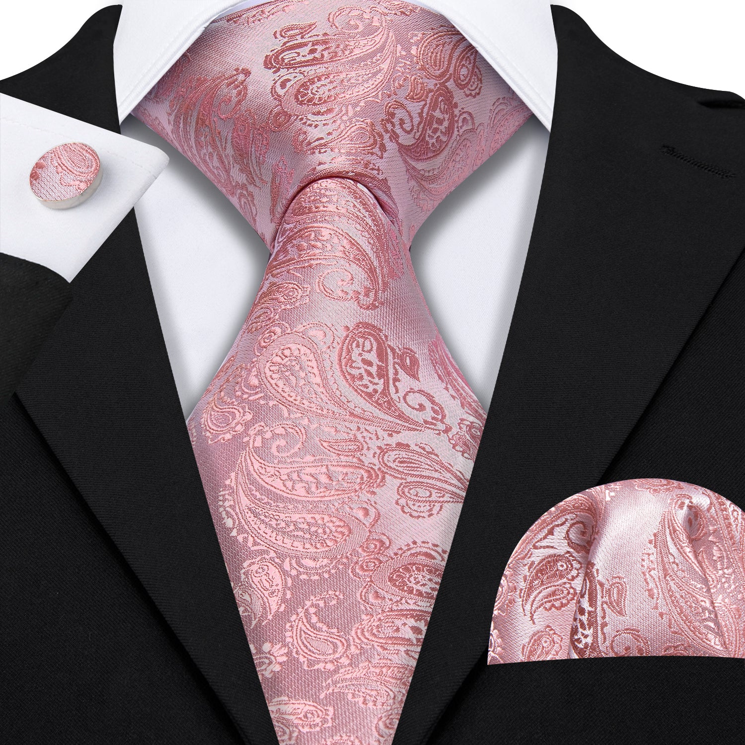 Pink Paisley 63 Inches Extra Long Tie Hanky Cufflinks Set