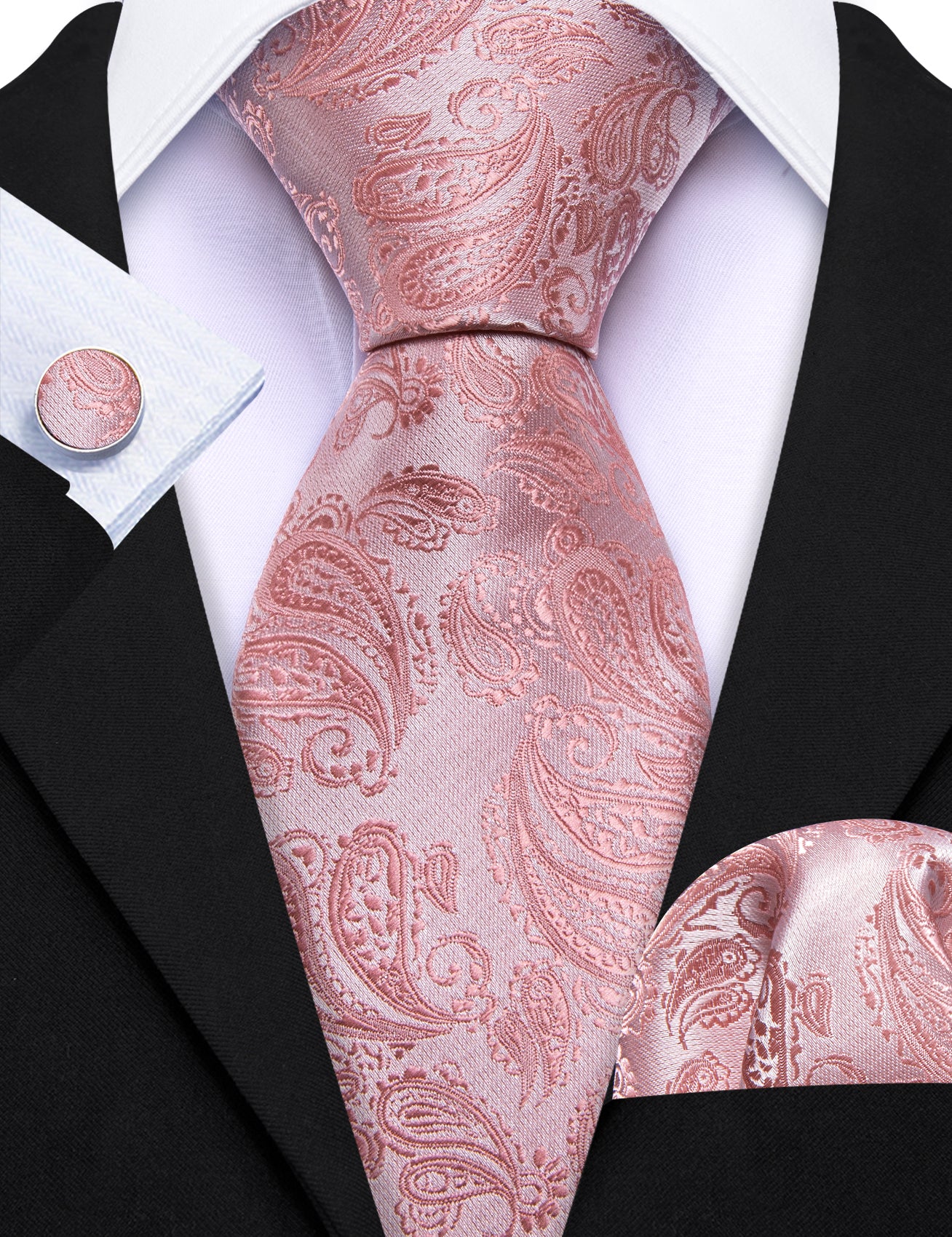 Pink Paisley 63 Inches Extra Long Tie Hanky Cufflinks Set