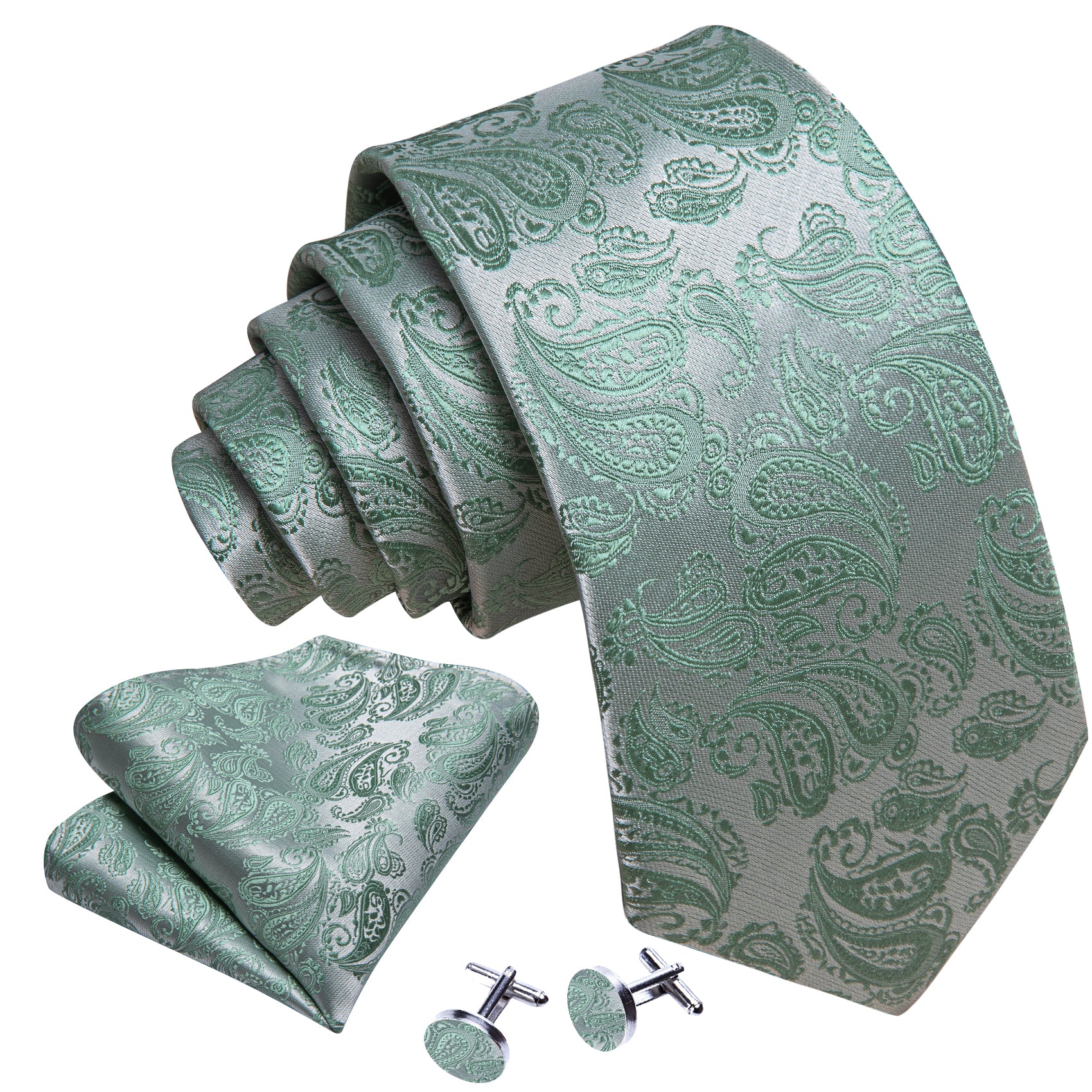 Barry Wang Green Silver Paisley Silk 63 Inches Extra Long Tie Hanky Cufflinks Set