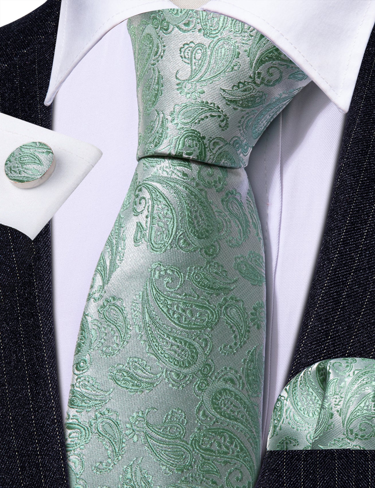 Barry Wang Green Silver Paisley Silk 63 Inches Extra Long Tie Hanky Cufflinks Set