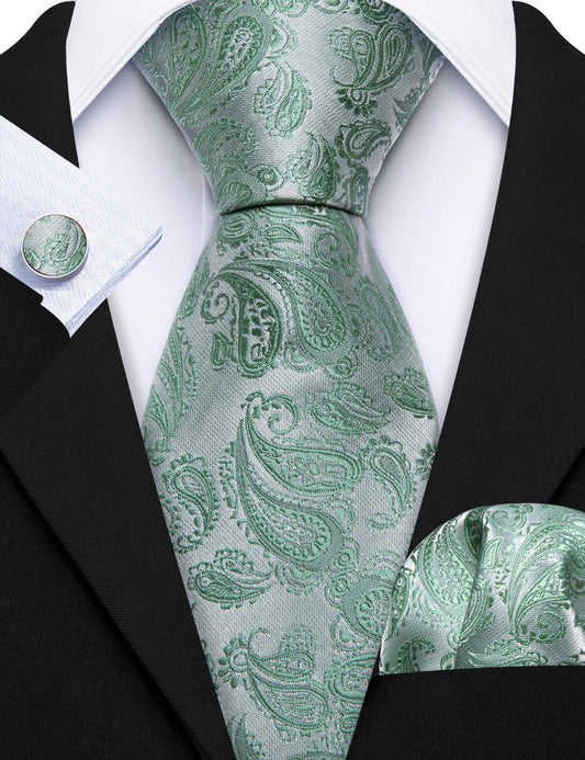 Barry. Wang Extra Long Tie Sage Green Silver Paisley Silk Necktie Hanky Cufflinks Set for Wedding Prom