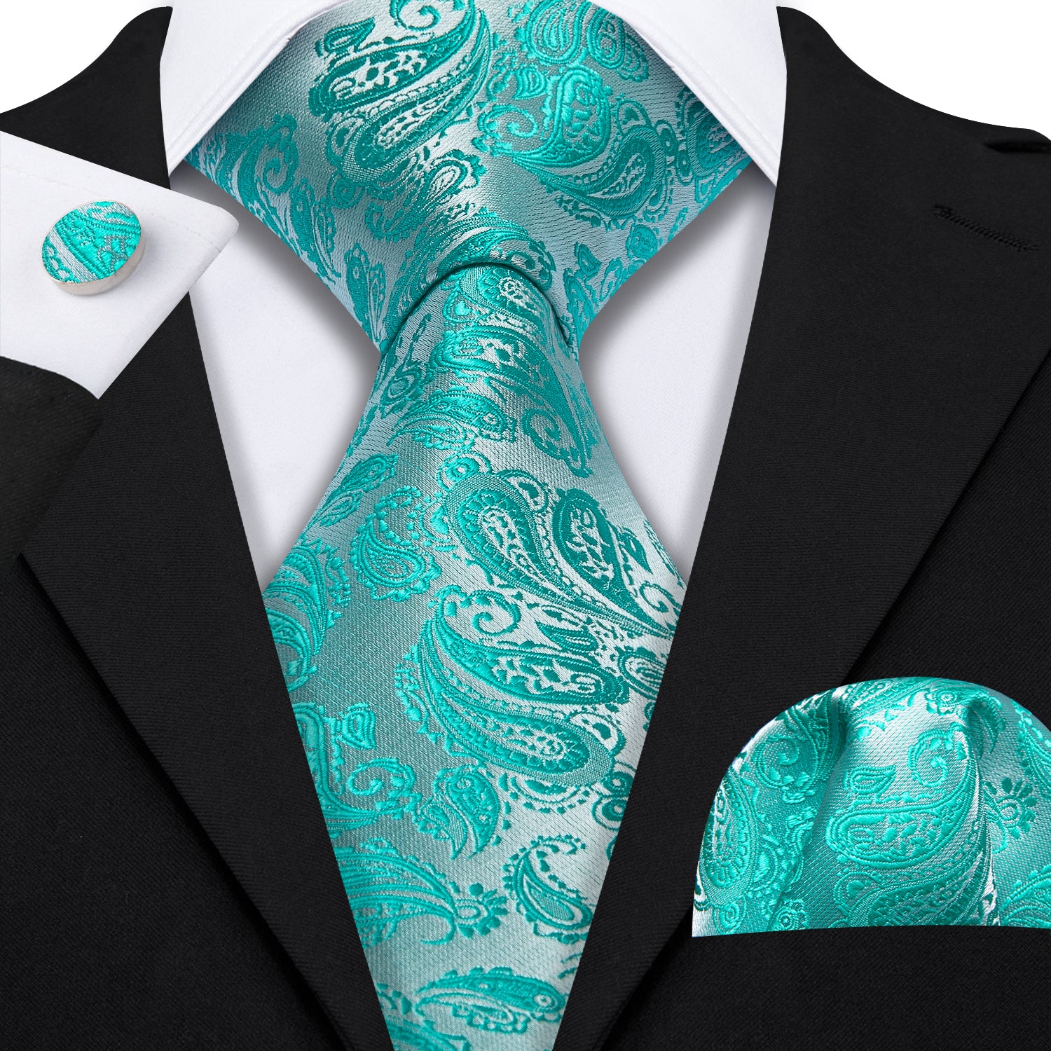Aqua Silver Paisley Silk 63 Inches Extra Long Tie Hanky Cufflinks Set