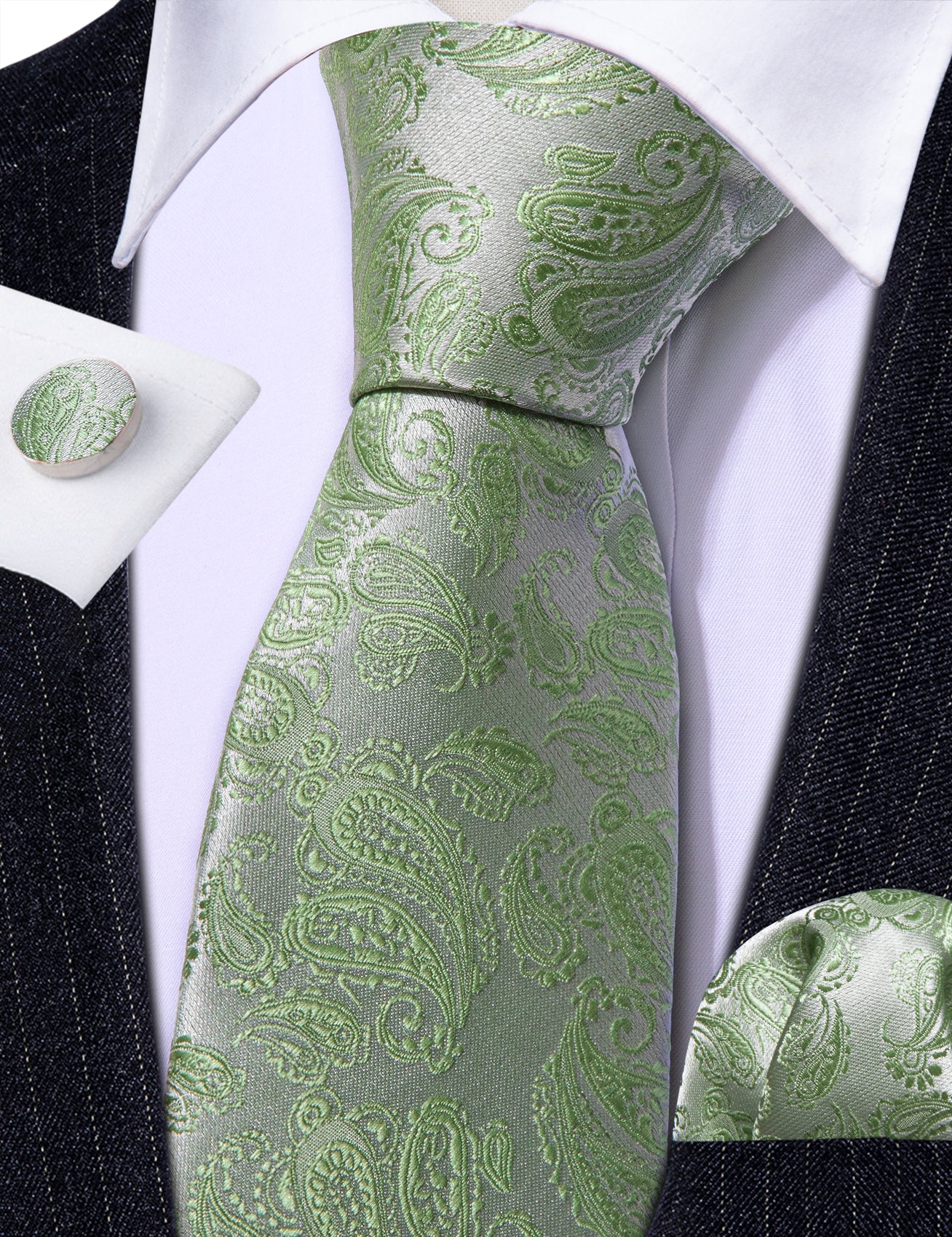 Green Silver Paisley Silk 63 Inches Extra Long Tie Hanky Cufflinks Set