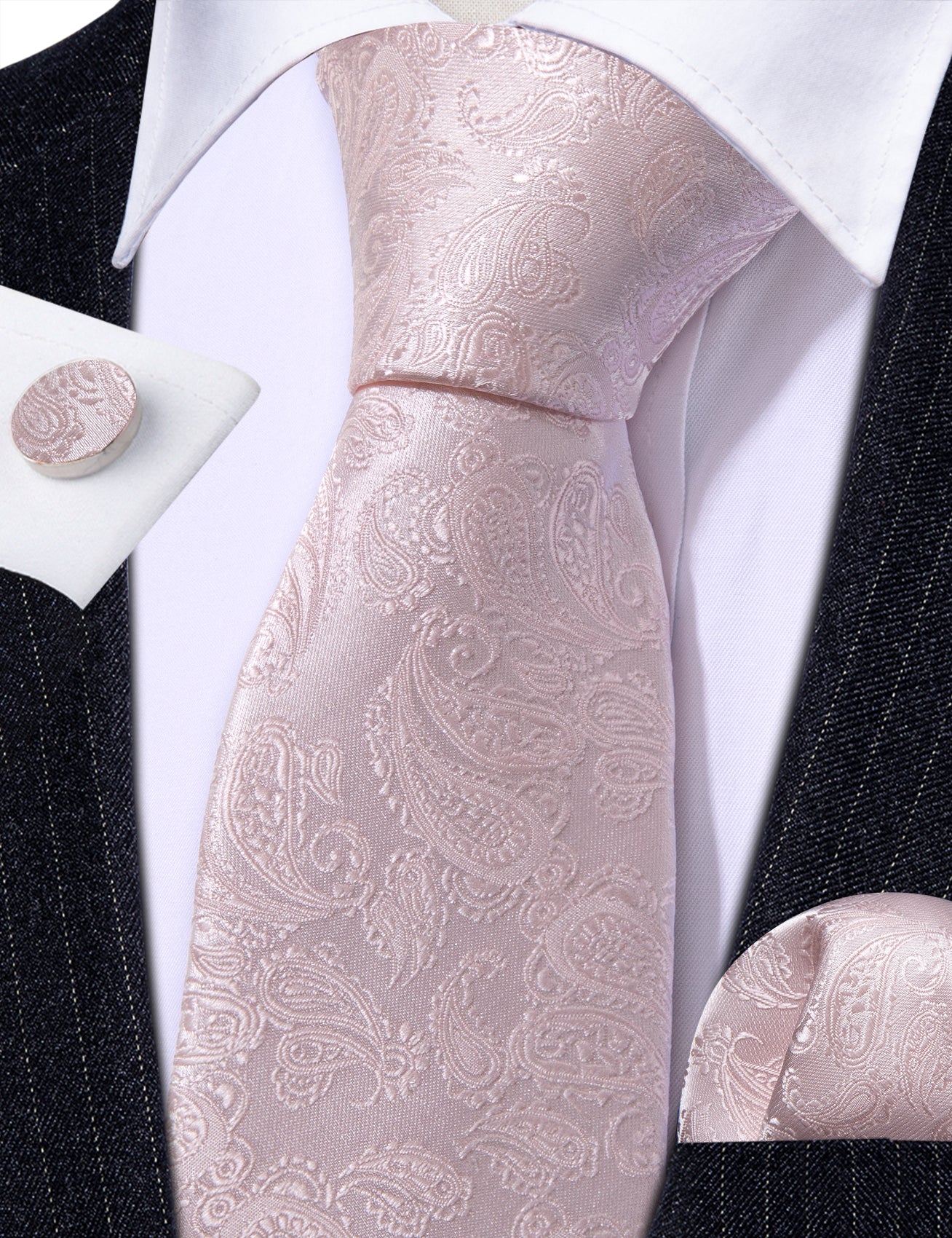 Mist Pink Paisley Silk 63 Inches Extra Long Tie Hanky Cufflinks Set