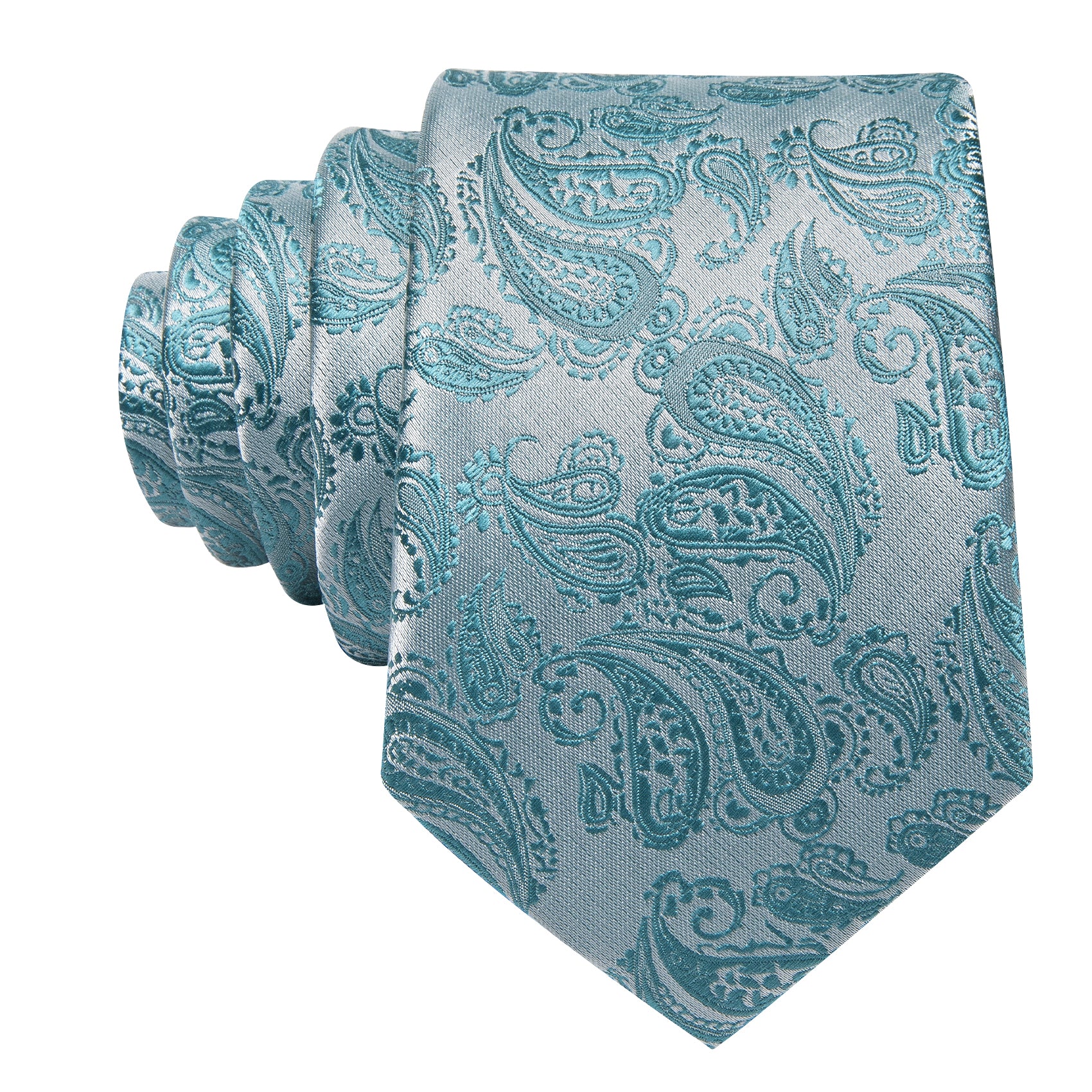 Sea Foam Silver Paisley Silk 63 Inches Extra Long Tie Hanky Cufflinks Set
