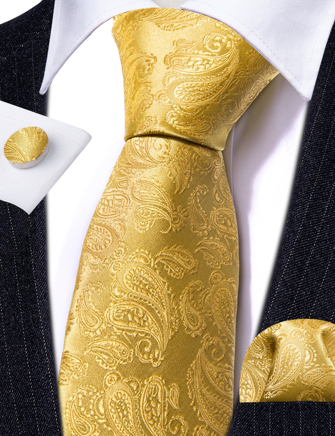 Gold Paisley Silk 63 Inches Extra Long Tie Hanky Cufflinks Set