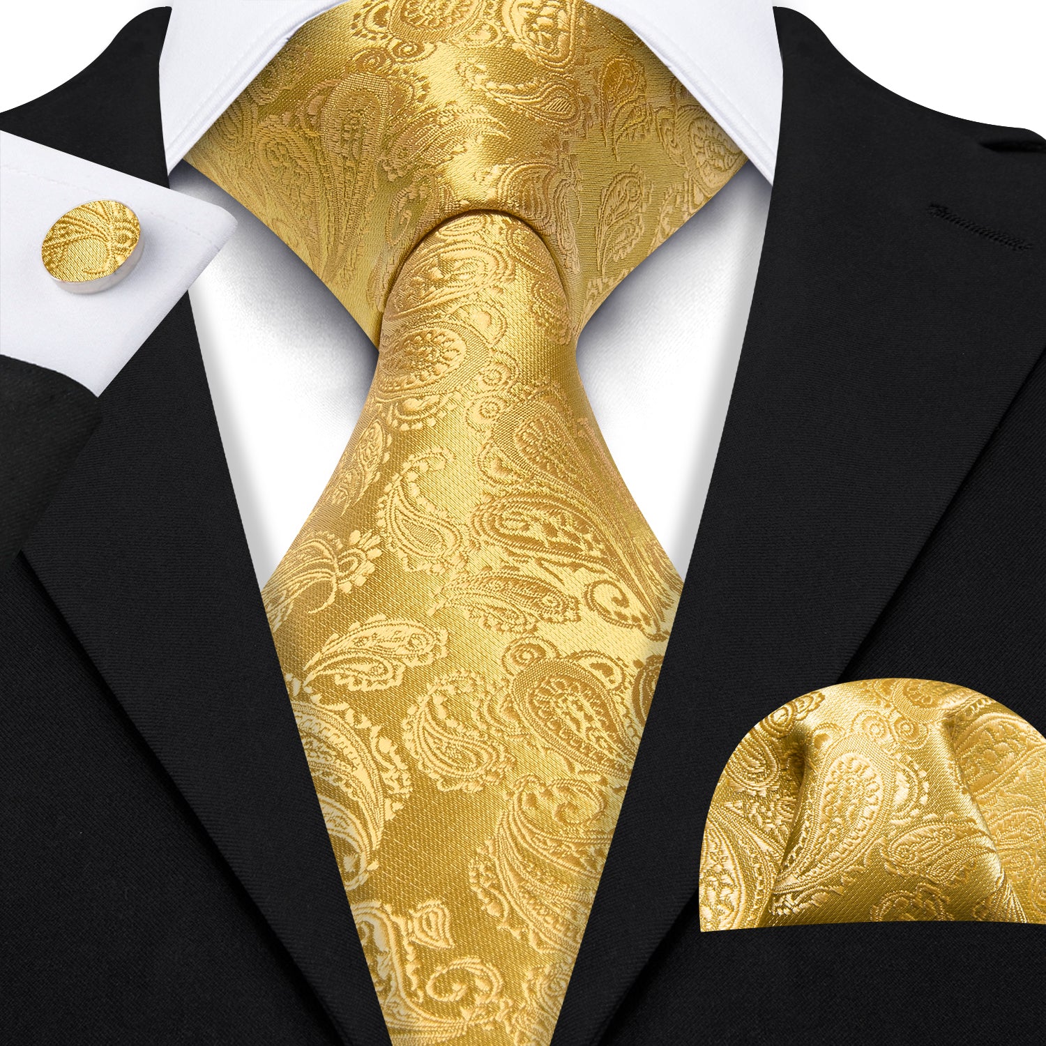 Gold Paisley Silk 63 Inches Extra Long Tie Hanky Cufflinks Set