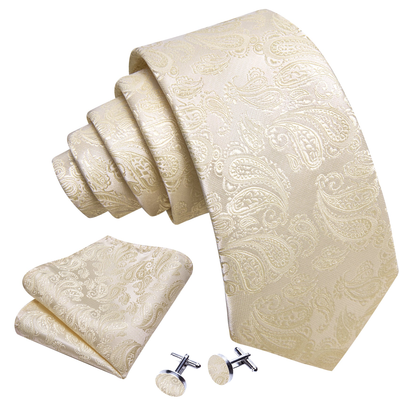 Champagne Paisley Silk 63 Inches Extra Long Tie Hanky Cufflinks Set