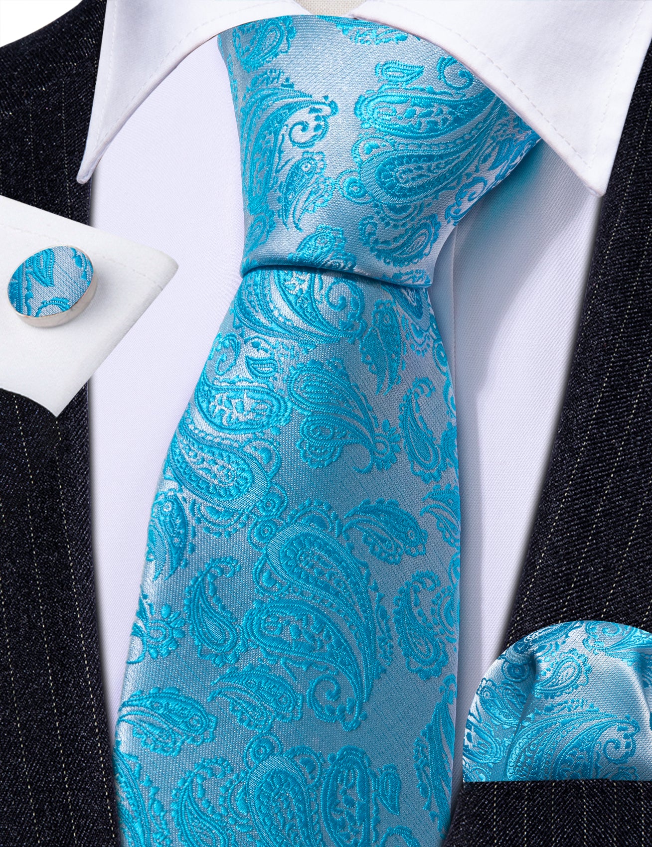 Sky Blue Paisley Silk 63 Inches Extra Long Tie Hanky Cufflinks Set