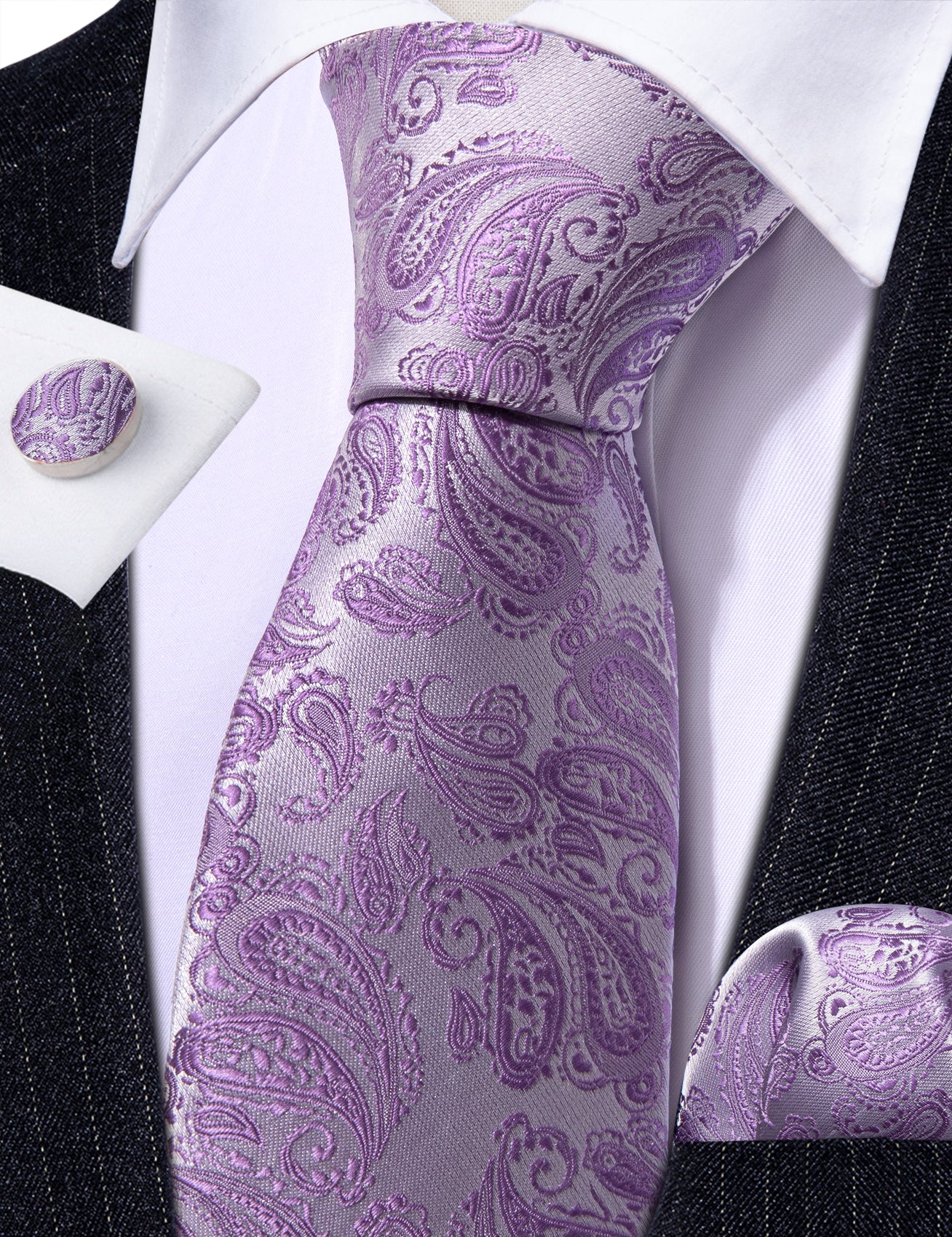 Purple Silver Paisley Silk 63 Inches Extra Long Tie Hanky Cufflinks Set