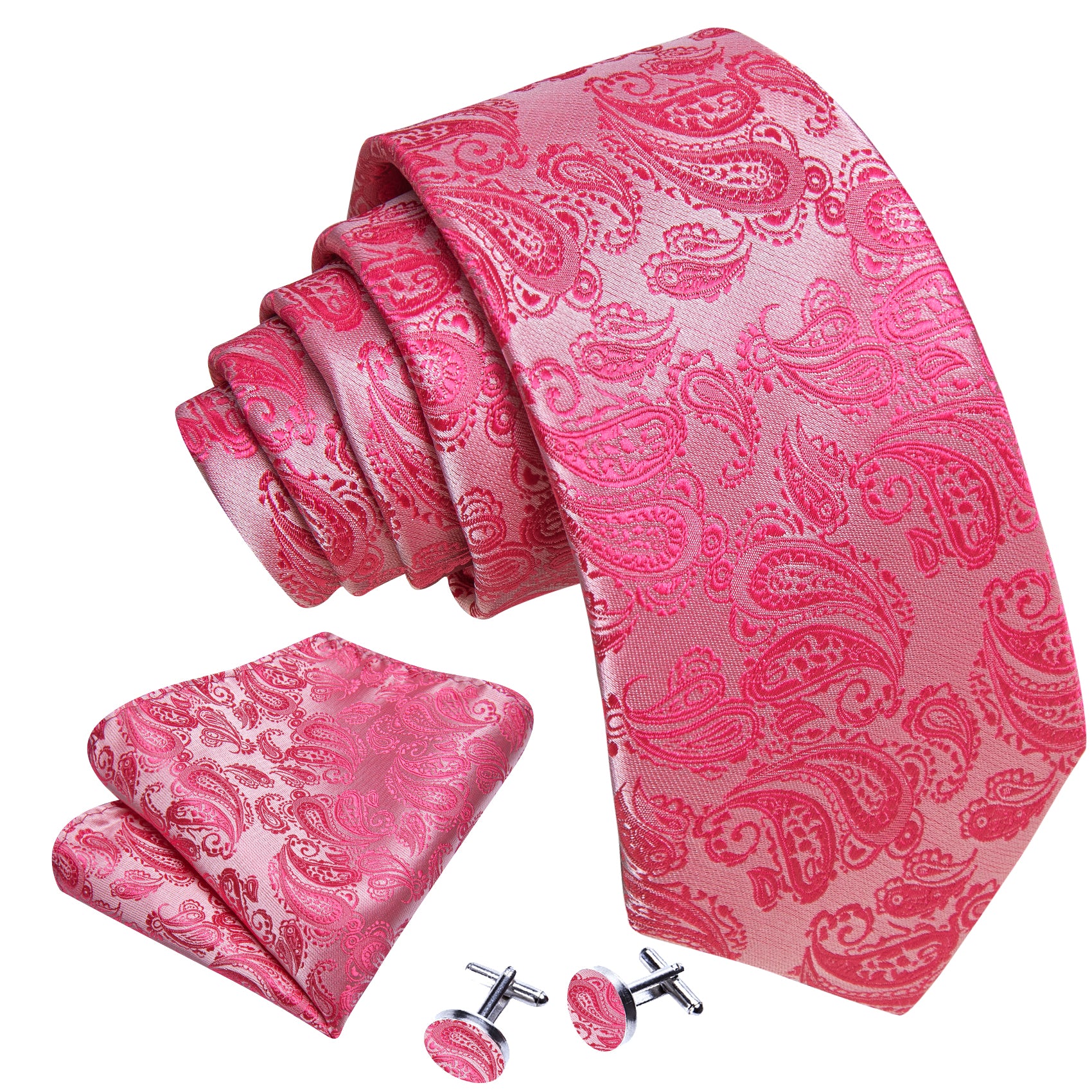 Deep Pink Paisley 63" Extra Long Tie Hanky Cufflinks Set