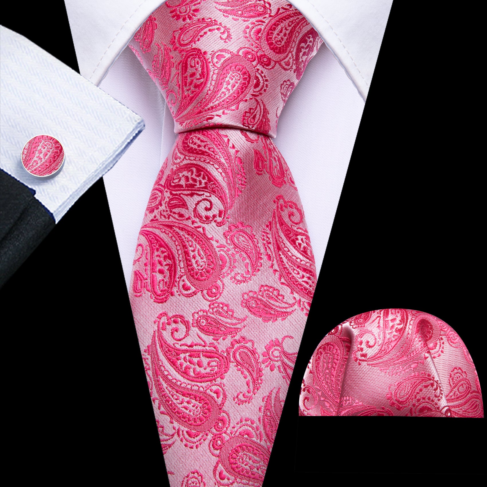 Deep Pink Paisley 63" Extra Long Tie Hanky Cufflinks Set