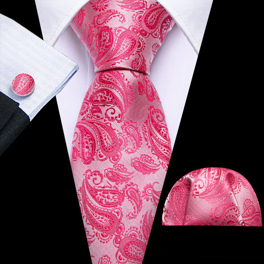 Deep Pink Paisley 63" Extra Long Tie Hanky Cufflinks Set