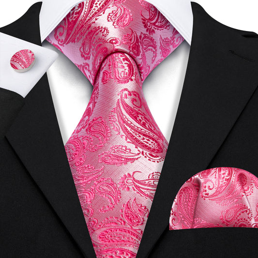 Deep Pink Paisley 63" Extra Long Tie Hanky Cufflinks Set