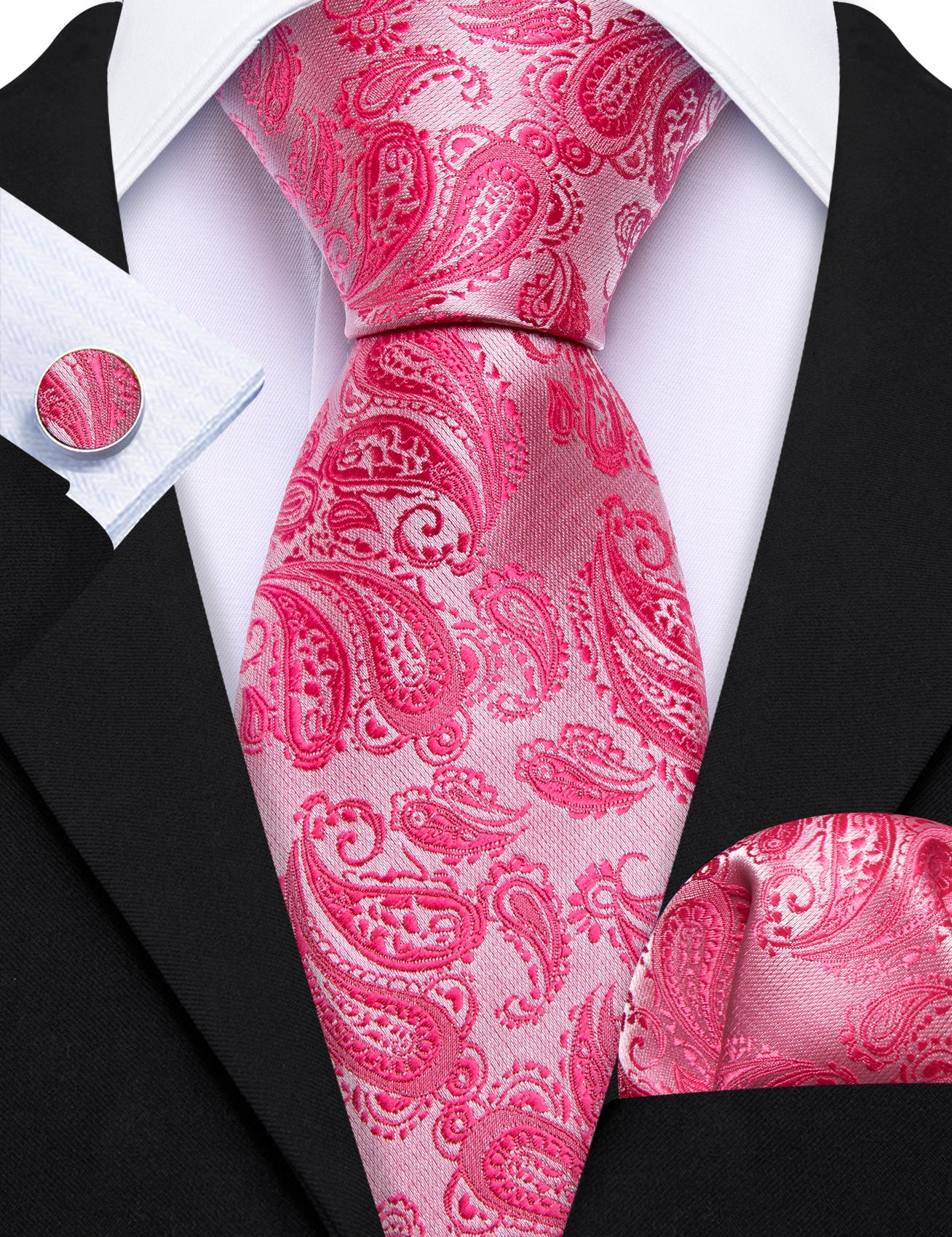 Deep Pink Paisley 63" Extra Long Tie Hanky Cufflinks Set